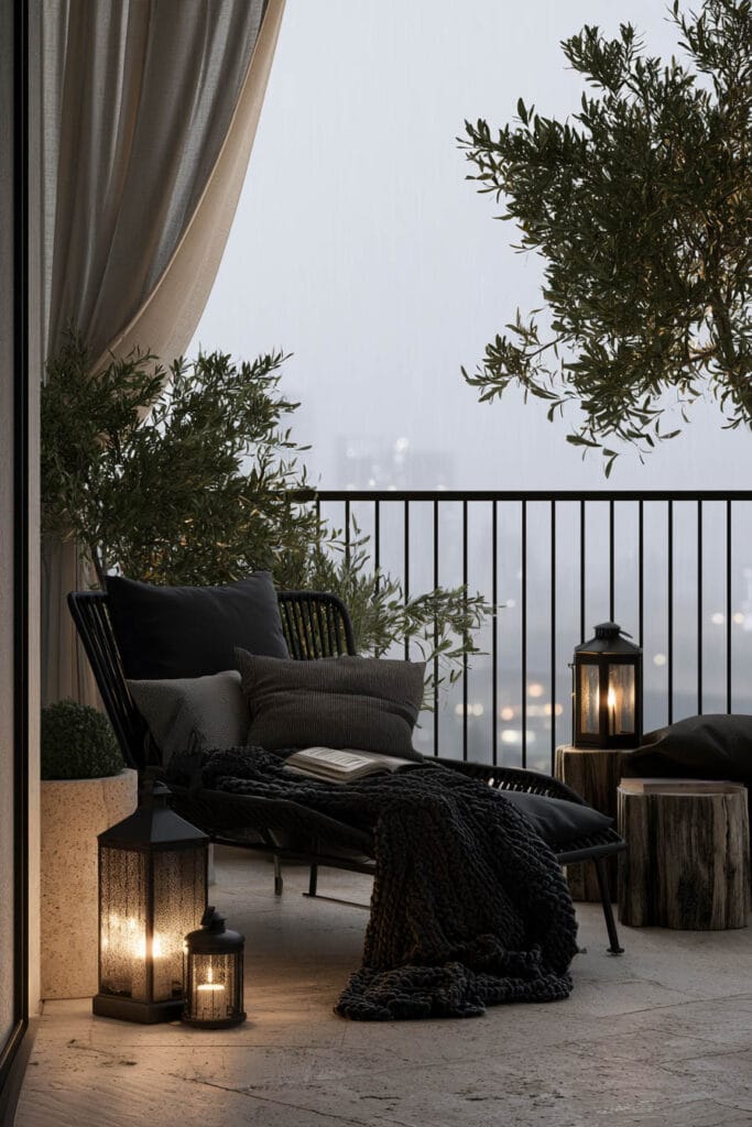 Moody balcony lounge chair with lantern candles, black throw blanket, greenery, and misty city skyline at night.