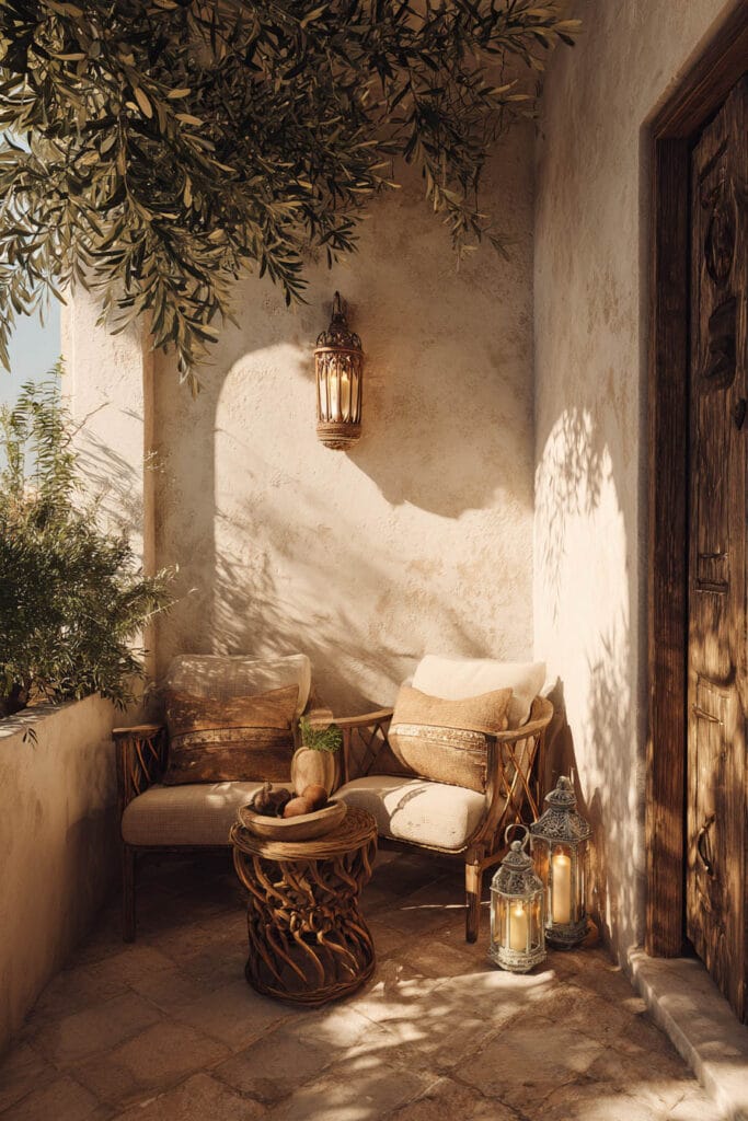 Mediterranean balcony with wicker chairs, decorative lanterns, carved wood table, neutral cushions, olive branches, and rustic outdoor accessories.
