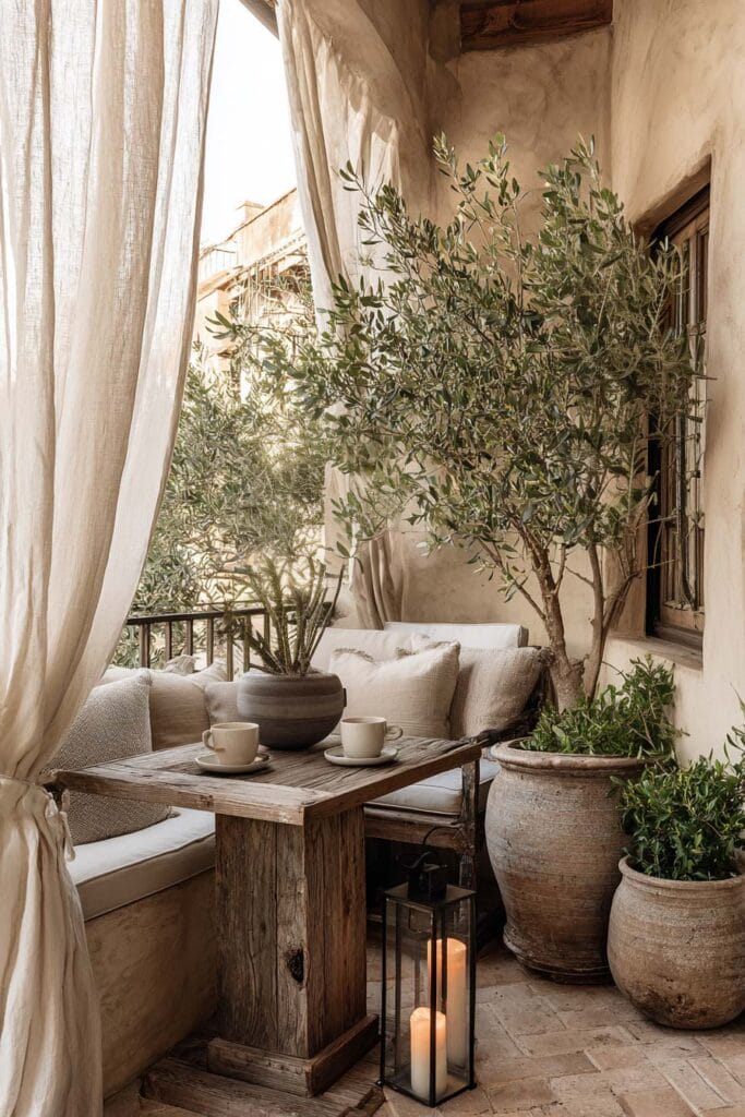 Mediterranean balcony with linen curtains, olive trees, rustic wood table, terracotta pots, candle lanterns, and cozy outdoor seating area.