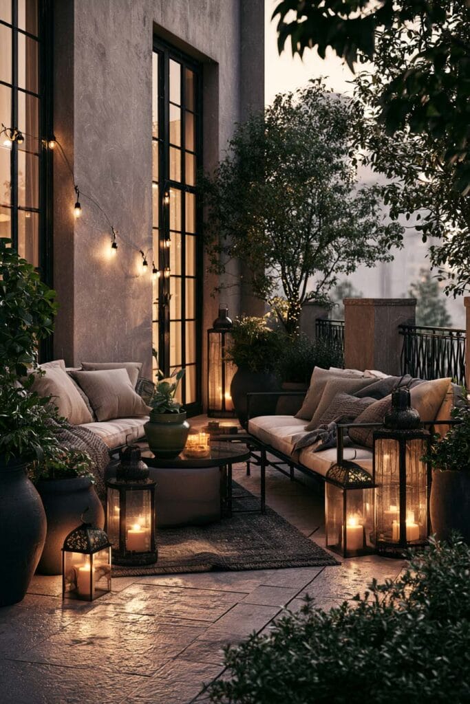 Moody balcony outdoor living room with lantern candles, cozy seating, greenery, and warm evening lighting.