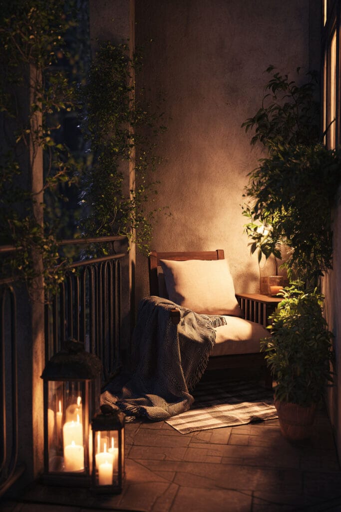 Small cozy balcony with lantern candles, warm ambient lighting, cushioned chair, throw blanket, and lush greenery at night.