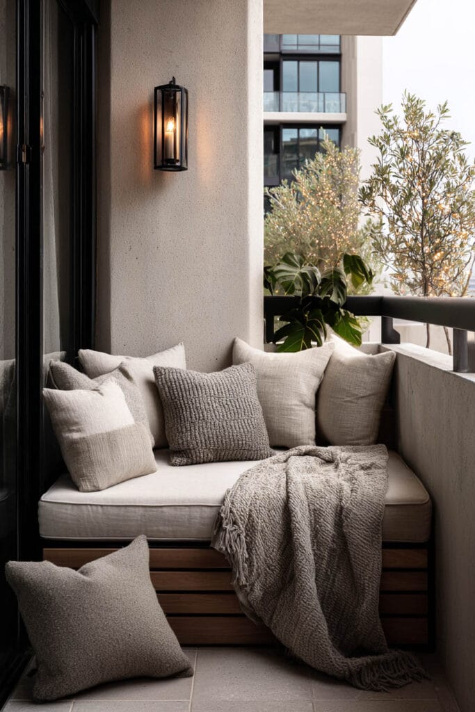 Small cozy balcony seating area with neutral pillows, soft throw blanket, wood bench seating, and modern apartment balcony decor.