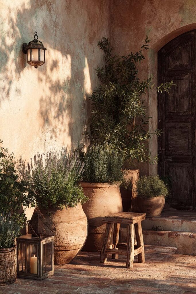 Mediterranean balcony corner with layered terracotta pots, lavender plants, rustic wooden stool, stone flooring, and warm stucco walls.
