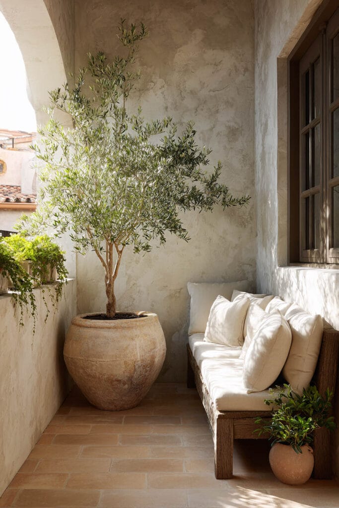 Mediterranean balcony with olive tree in large terracotta pot, rustic wood bench, white linen cushions, stucco walls, and warm outdoor decor.