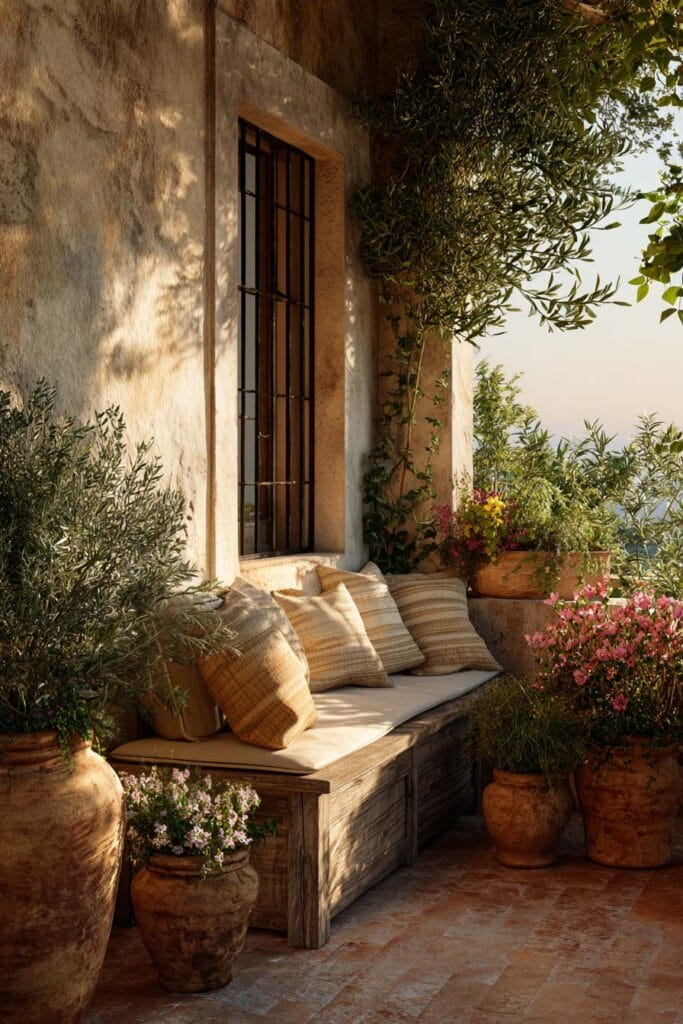 Mediterranean balcony with olive trees, terracotta pots, flowering plants, rustic bench seating, neutral cushions, and warm sunlit garden styling.