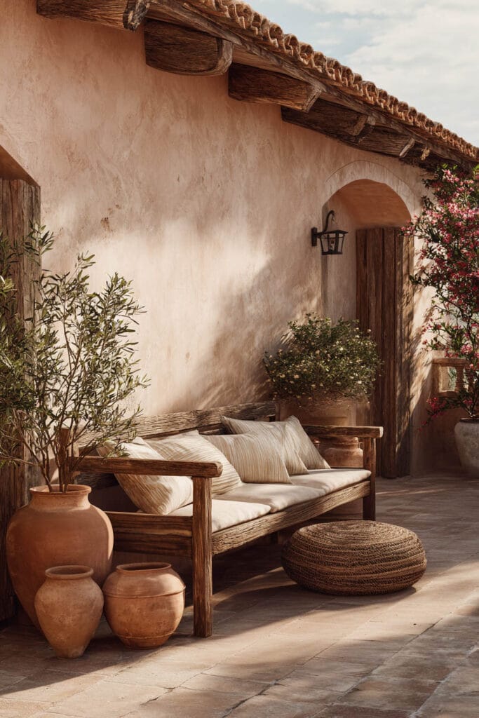 Mediterranean balcony with terracotta pots, rustic wooden sofa, olive tree planter, woven pouf, stucco walls, and warm outdoor seating area.