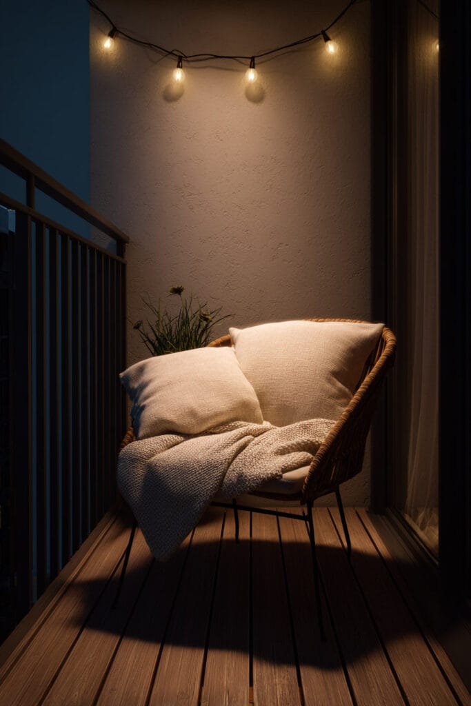 Small modern balcony with warm string lights, woven lounge chair, neutral cushions, and minimalist outdoor lighting creating a cozy luxury retreat.
