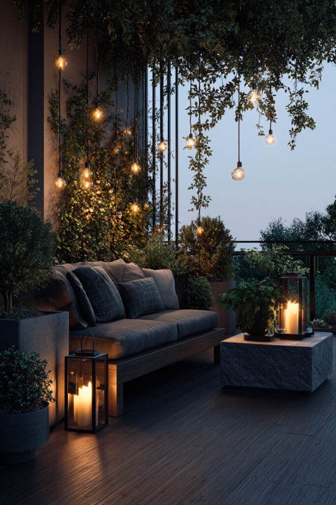 Moody balcony with hanging pendant lights, lanterns, candles, lush greenery, and cozy outdoor seating illuminated by warm evening lighting.