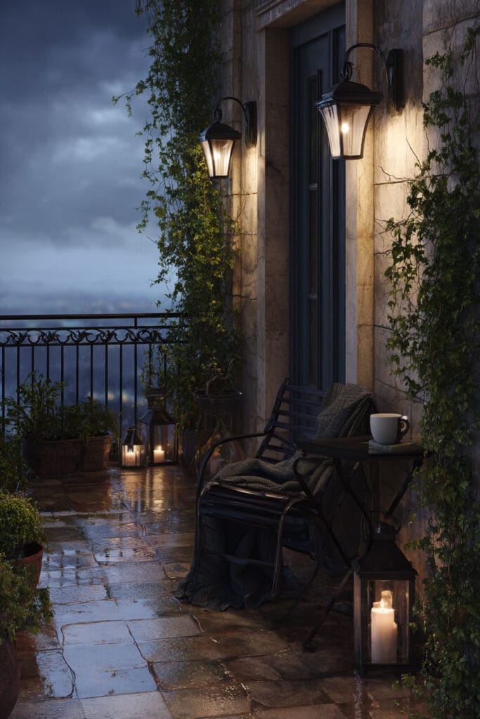 oody balcony with wall lanterns, candle lanterns, climbing vines, wet stone flooring, cozy chair, and warm evening lighting.