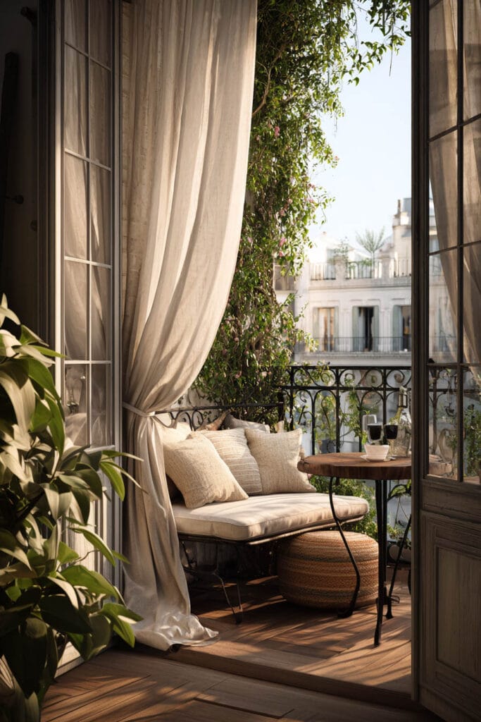 Paris balcony with flowing linen curtains, cozy bench seating, neutral pillows, wrought iron railing, and warm morning sunlight