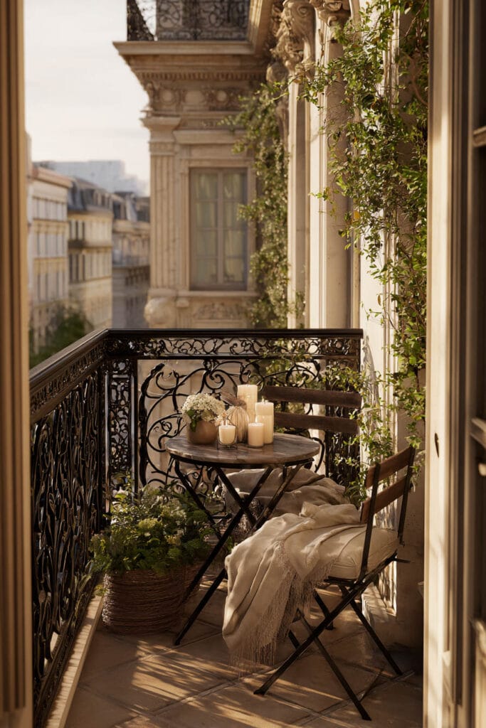 Paris balcony with ornate wrought iron railing, bistro table, candles, climbing vines, and cozy café atmosphere