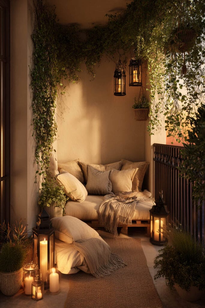 Romantic balcony corner with soft cushions, lantern candlelight, hanging plants, neutral textiles, and cozy seating creating a warm outdoor retreat.