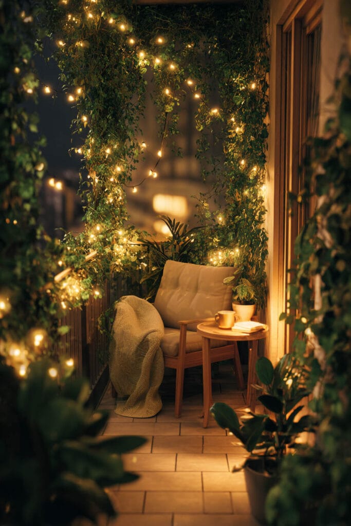 Small balcony with climbing plants, warm string lights, cozy chair, and garden-inspired lighting creating a magical outdoor retreat at night