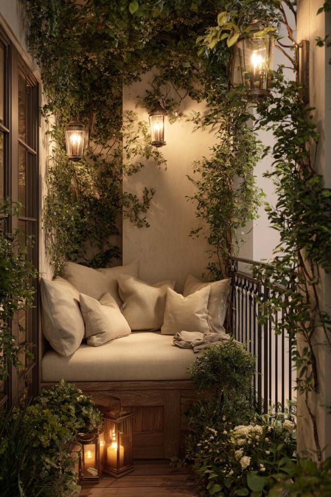 Small balcony with warm wall lanterns, candle lanterns, climbing greenery, neutral bench seating, and cozy evening lighting.