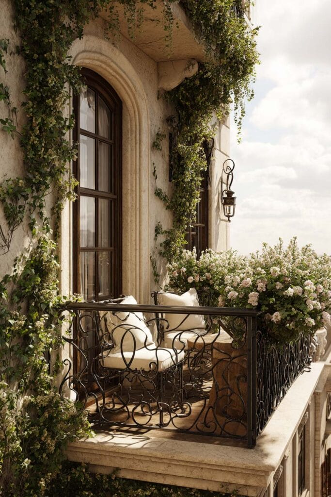 French balcony with ornate wrought iron railing and furniture, climbing vines, white cushions, blooming flowers, and classic Parisian architecture.