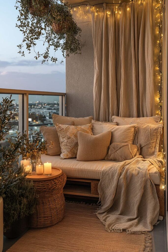 Small balcony with warm string lights, candles, neutral cushions, flowing curtains, hanging plants, and cozy evening ambiance.