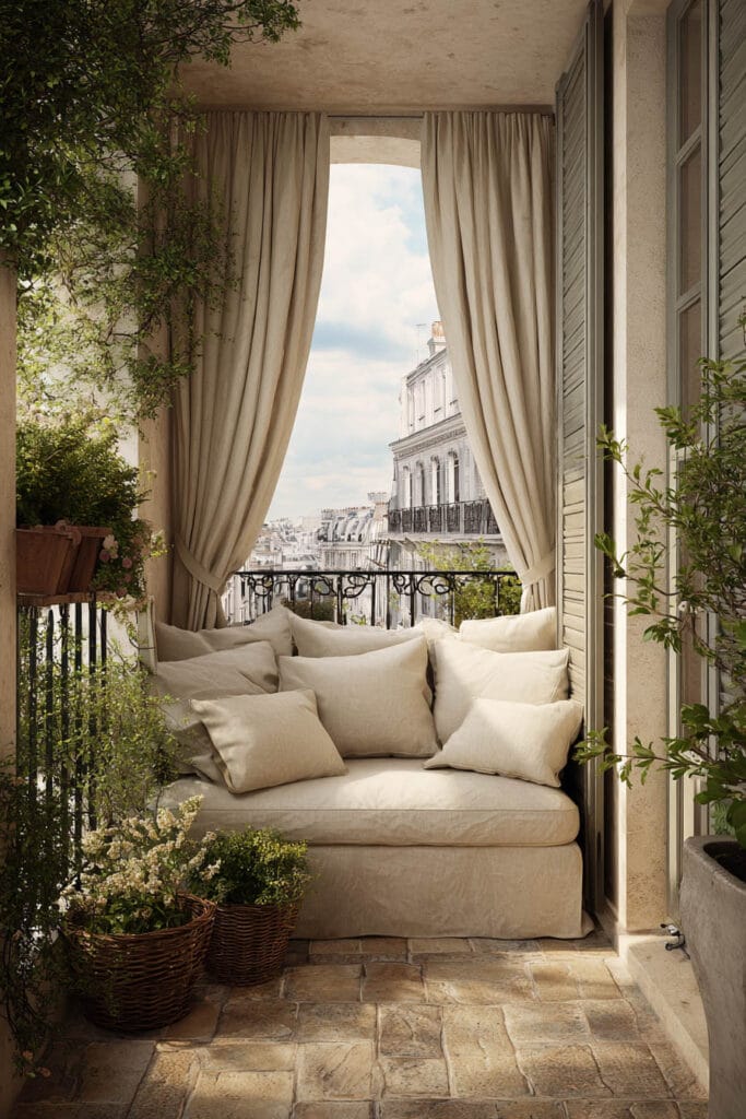 Cozy Paris balcony with linen curtains, oversized cushioned daybed, neutral decor, potted plants, and classic French city views