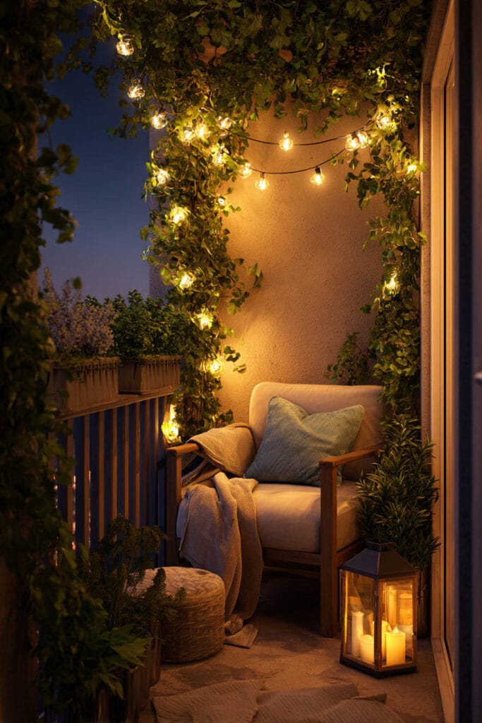 Small balcony with cozy armchair, string lights, lantern candles, and climbing greenery creating a warm outdoor seating area at night