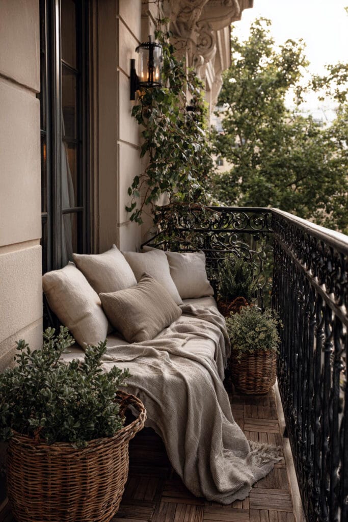 French balcony with layered linen cushions, woven baskets, neutral textiles, wrought iron railing, climbing vines, and cozy Parisian outdoor decor.