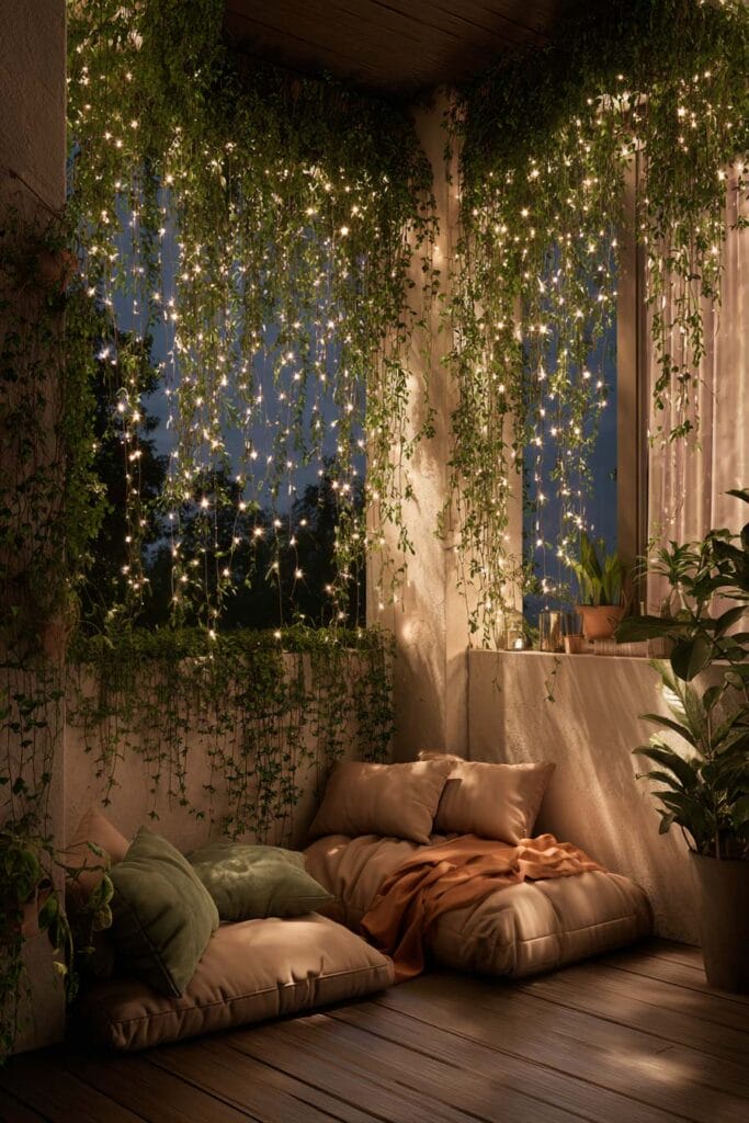 Balcony with cascading hanging vines, fairy lights, floor cushions, and cozy outdoor seating creating a magical garden-inspired atmosphere at night.