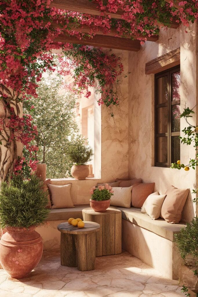 Mediterranean balcony with pink bougainvillea, terracotta planters, built-in seating, neutral cushions, stone walls, and lush flowering garden.