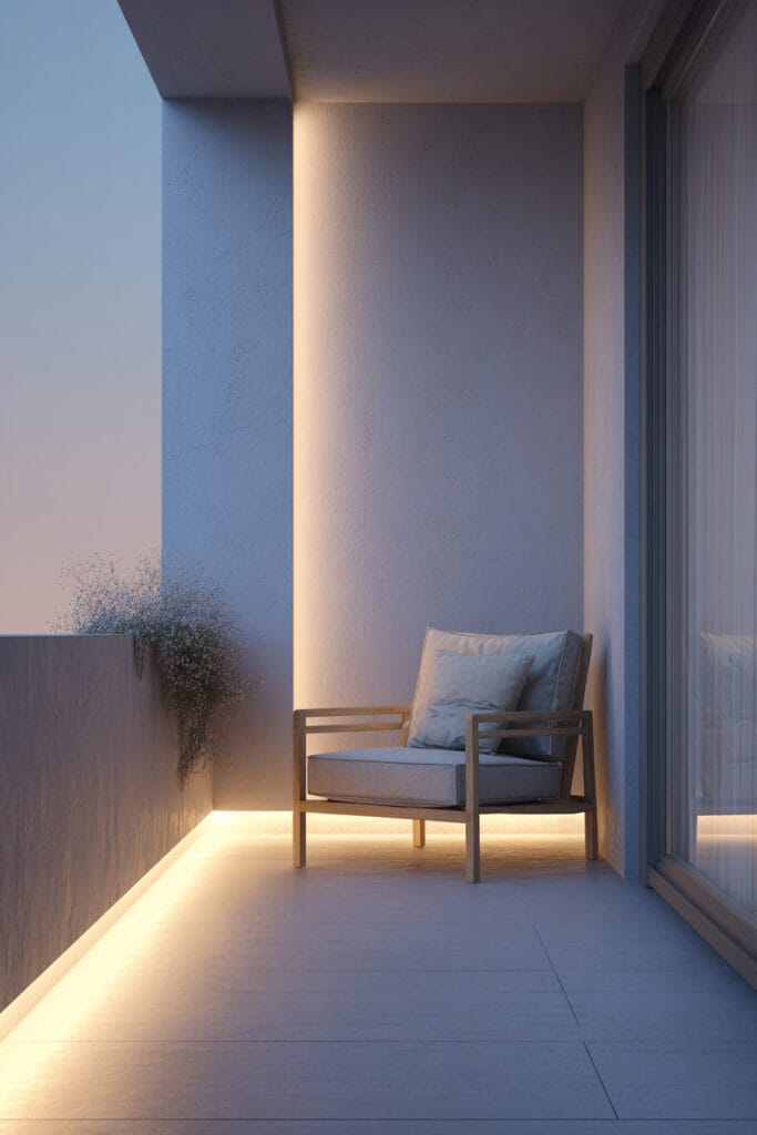Modern minimalist balcony with concealed LED floor lighting, neutral lounge chair, and clean architectural design creating an elevated luxury outdoor space.