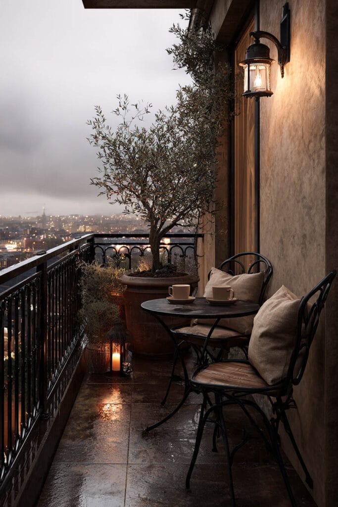 Moody balcony with bistro table, wrought iron chairs, olive tree, lantern lighting, rainy floor, and city views at dusk.