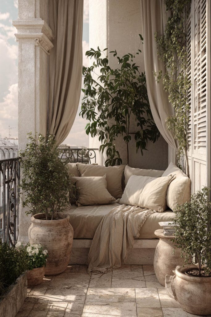 Paris balcony lounge with linen cushions, flowing curtains, terracotta planters, and cozy café-inspired decor