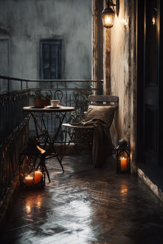 Rainy balcony with bistro table, cozy chair, lantern candlelight, wet flooring, and moody café-inspired evening atmosphere.