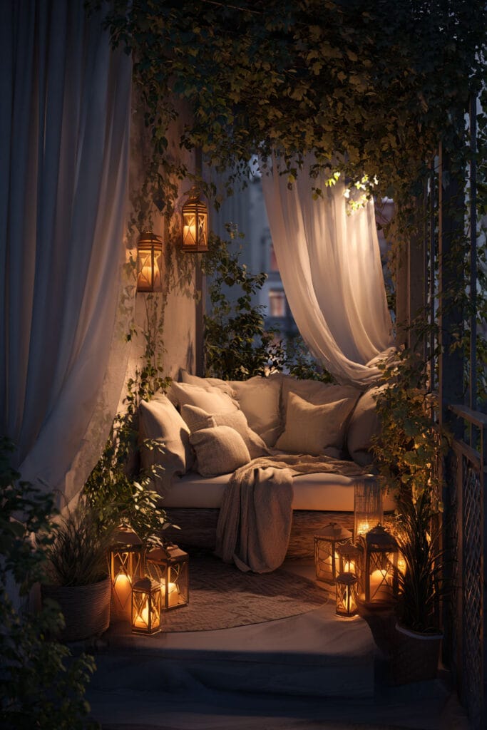 Romantic balcony with flowing curtains, lantern lighting, cozy seating, climbing vines, and private outdoor lounge decor at night.