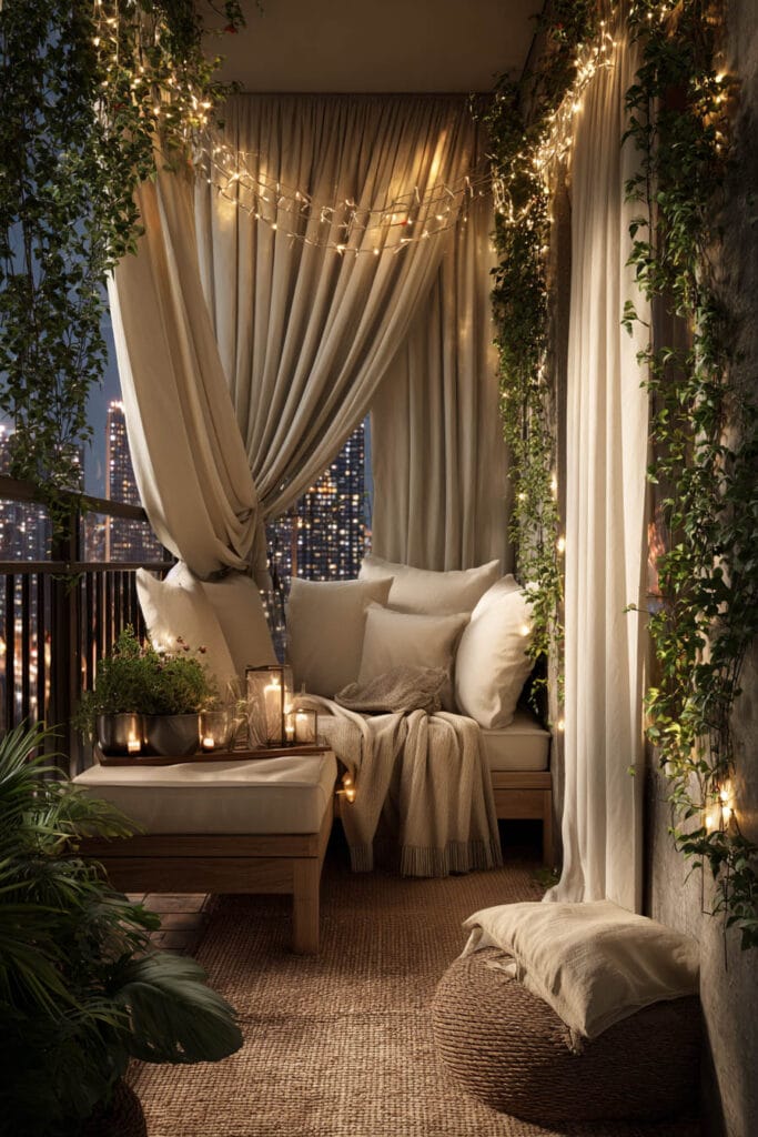 Romantic balcony with flowing linen curtains, string lights, cozy seating, candle lanterns, and climbing greenery creating a private outdoor retreat.