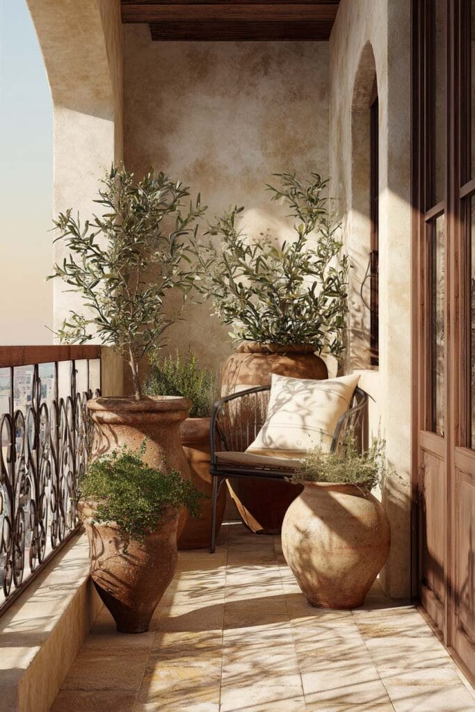 Mediterranean balcony with terracotta pots, olive trees, wrought iron railing, stucco walls, and cozy outdoor seating in a small balcony design.