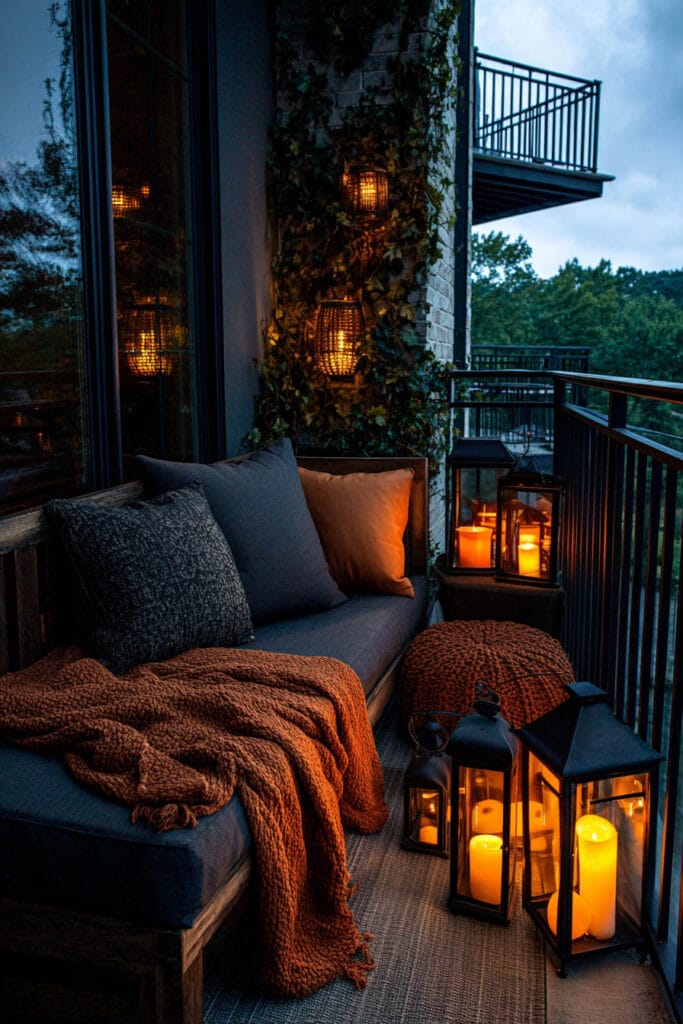 Small moody balcony with lanterns, candles, cozy bench seating, knit blanket, and warm evening lighting at dusk.