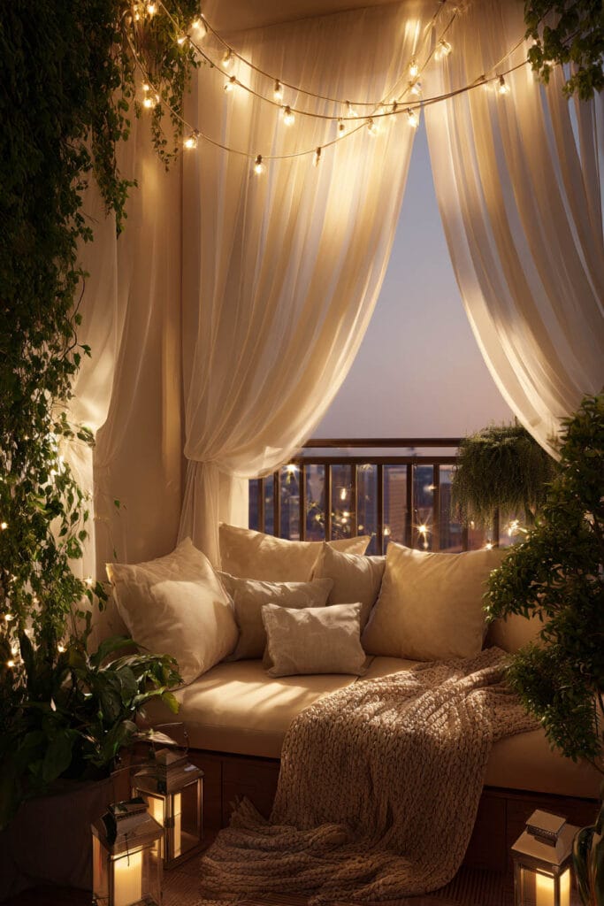 Cozy balcony with sheer curtains, warm string lights, lanterns, neutral seating, greenery, and romantic evening lighting.