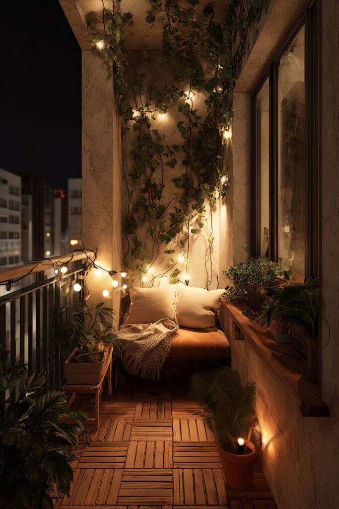 Small balcony with climbing vines, warm string lights, cozy bench seating, and layered greenery creating a magical outdoor retreat at night.