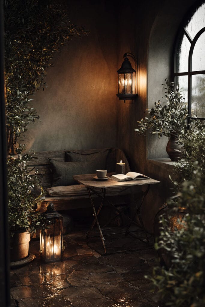 Moody rainy balcony with lantern lighting, wooden bench, café table, book, greenery, and warm cozy evening atmosphere.