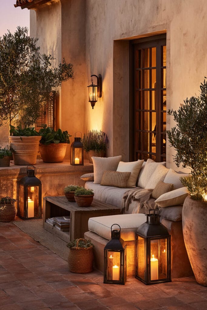 Mediterranean balcony at night with rustic lanterns, terracotta pots, olive trees, candlelight, cozy outdoor seating, and warm Mediterranean decor.