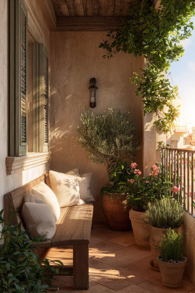 Mediterranean balcony with olive tree, terracotta planters, pink geraniums, wooden bench seating, and layered Mediterranean container plants.