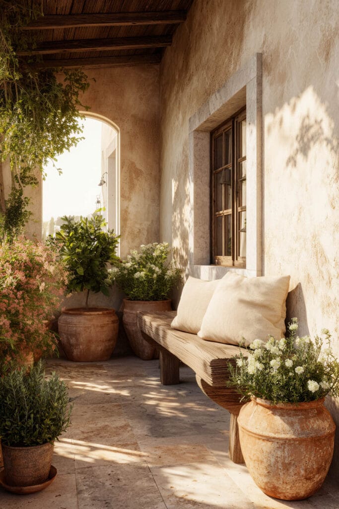 Mediterranean balcony with rustic wooden bench, terracotta pots, flowering plants, neutral cushions, stucco walls, and warm afternoon sunlight.