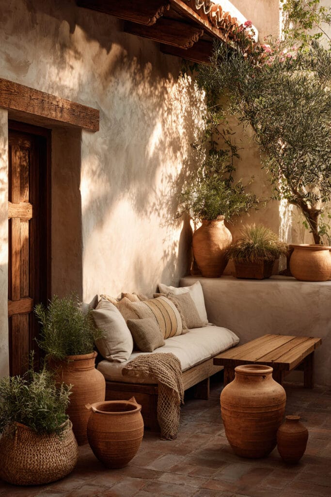 Mediterranean balcony with terracotta pots, olive tree, rustic wood bench, linen cushions, woven textures, and warm stucco walls.
