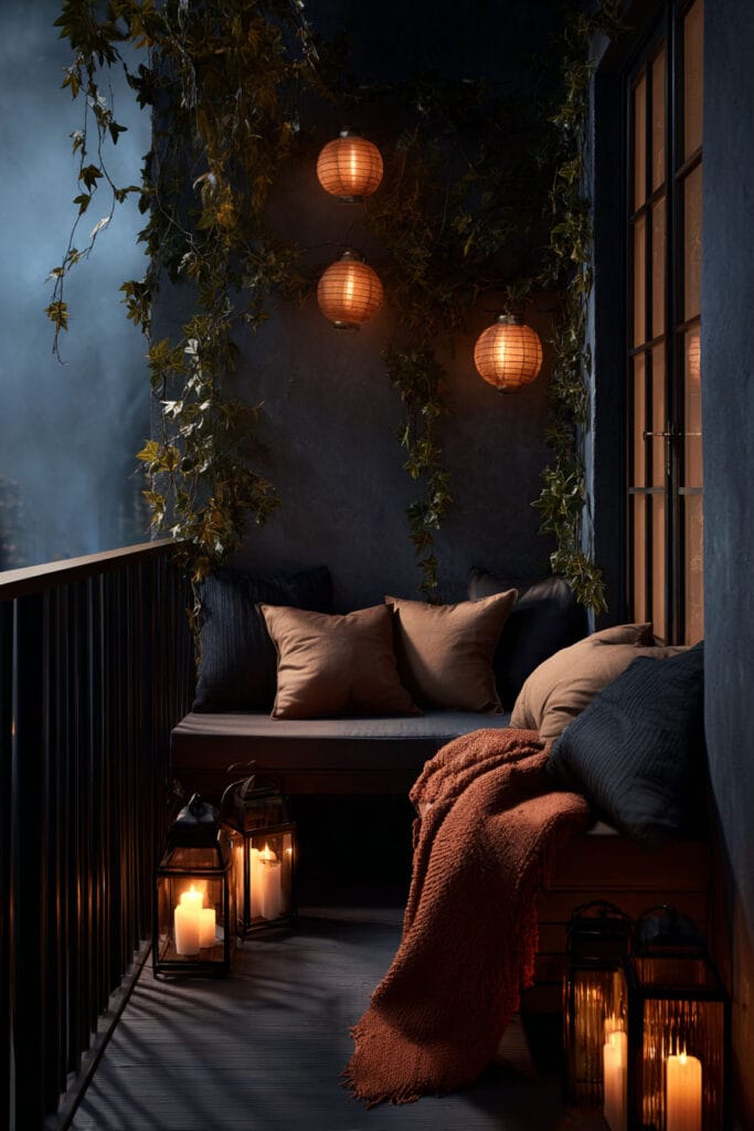 Moody balcony with glowing paper lanterns, candle lanterns, cozy seating, hanging vines, and warm evening lighting.