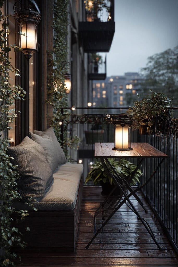 Moody rainy balcony with lantern lighting, café table, cushioned bench seating, climbing vines, and wet wood flooring.