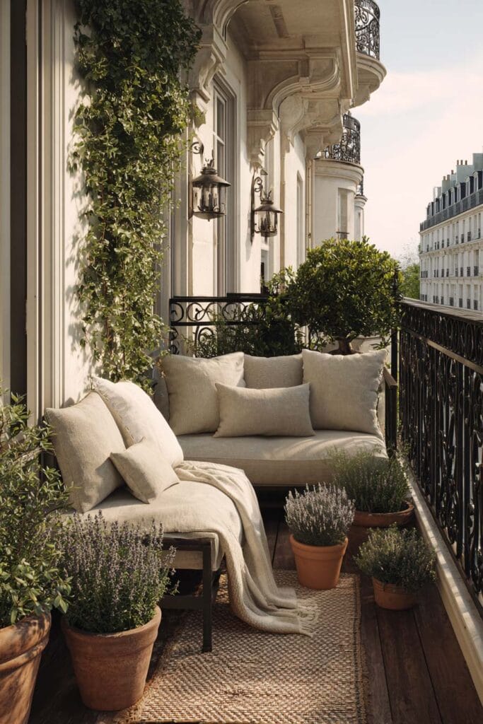 Paris balcony with linen lounge seating, neutral cushions, terracotta planters, wrought iron railing, and cozy outdoor decor