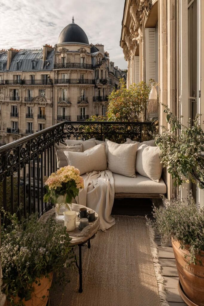 Paris balcony with linen cushions, cozy seating, terracotta planters, wrought iron railing, and hidden café atmosphere