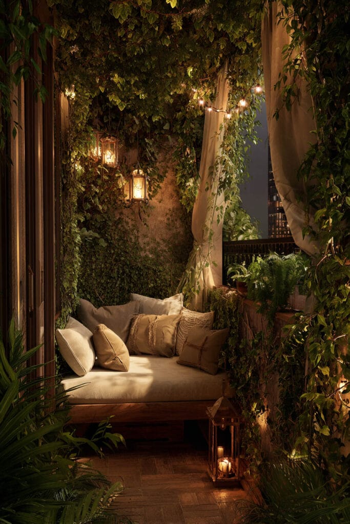 Romantic balcony with layered greenery, cozy daybed, lantern lighting, soft curtains, and lush plants creating a private secret garden retreat.