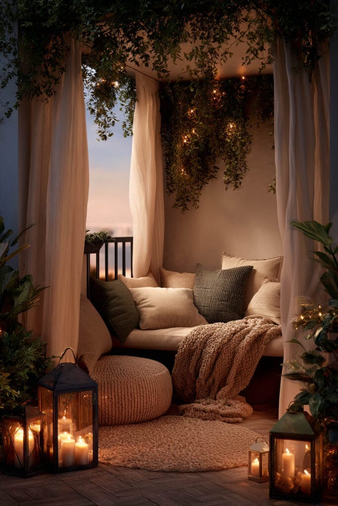 Romantic balcony nook with sheer curtains, lantern candles, cozy cushions, knit throw blanket, and warm evening lighting.