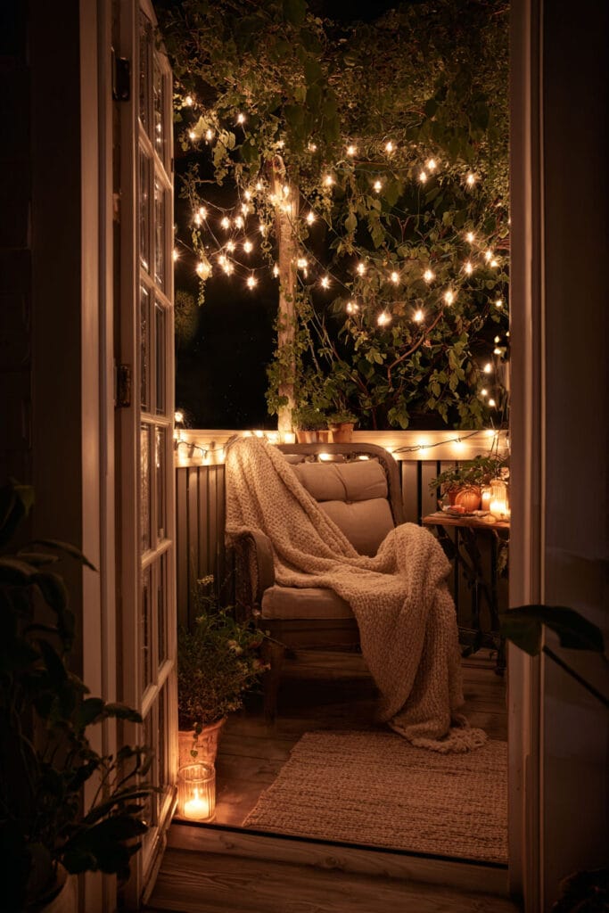 Small balcony with warm string lights, cozy lounge chair, soft knit blanket, greenery, and ambient lighting creating an inviting outdoor retreat at night