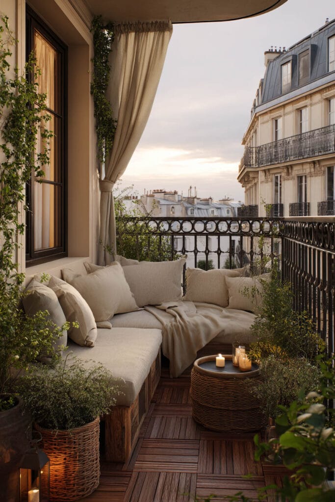 French balcony with linen cushions, flowing outdoor curtains, woven table, candlelight, greenery, and classic Parisian apartment views.
