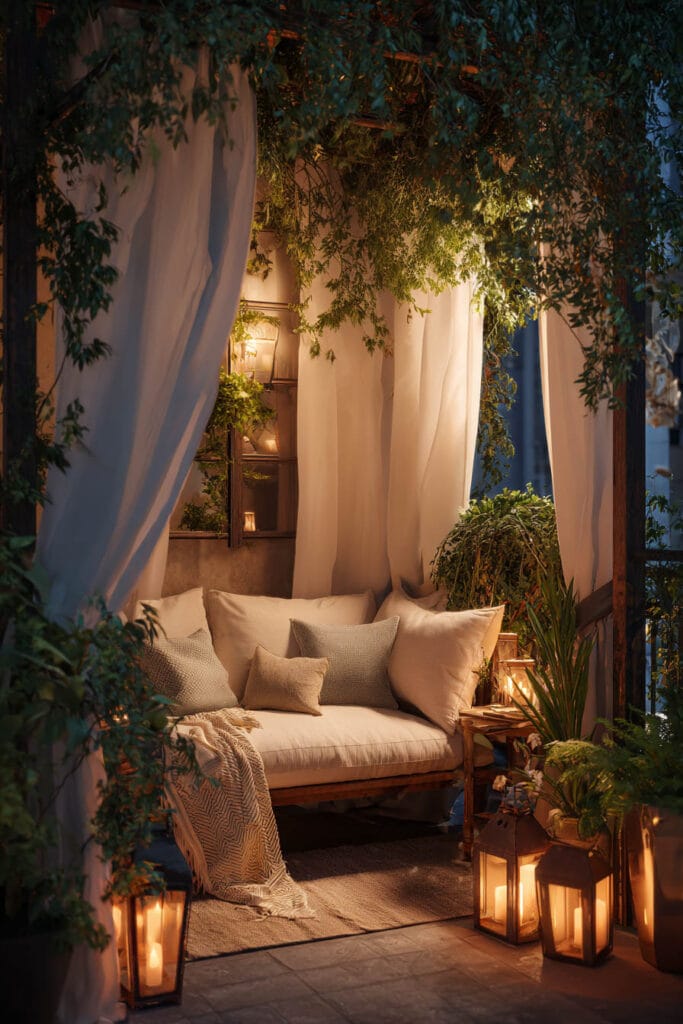 Balcony with flowing white curtains, lantern lighting, lush greenery, cozy bench seating, and warm ambient lighting at night.