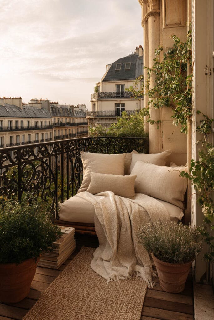 French balcony with layered linen cushions and throw blanket, wrought iron railing, climbing vines, terracotta pots, and classic Parisian city views.
